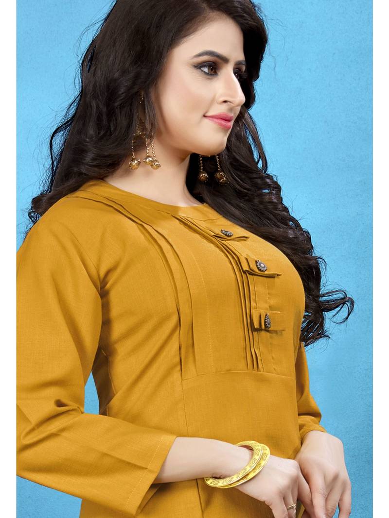 Mustard Resham embroidered printed party wear kurti for women