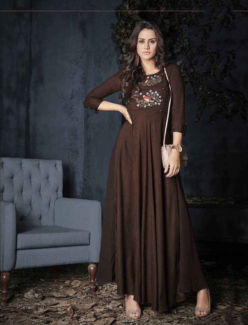 Brown Resham embroidered printed party wear kurti for women