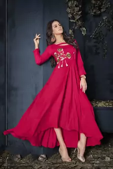 Pink Resham embroidered printed party wear kurti for women