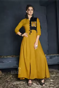 Mustard Resham embroidered printed party wear kurti for women