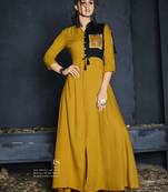 Mustard Resham embroidered printed party wear kurti for women