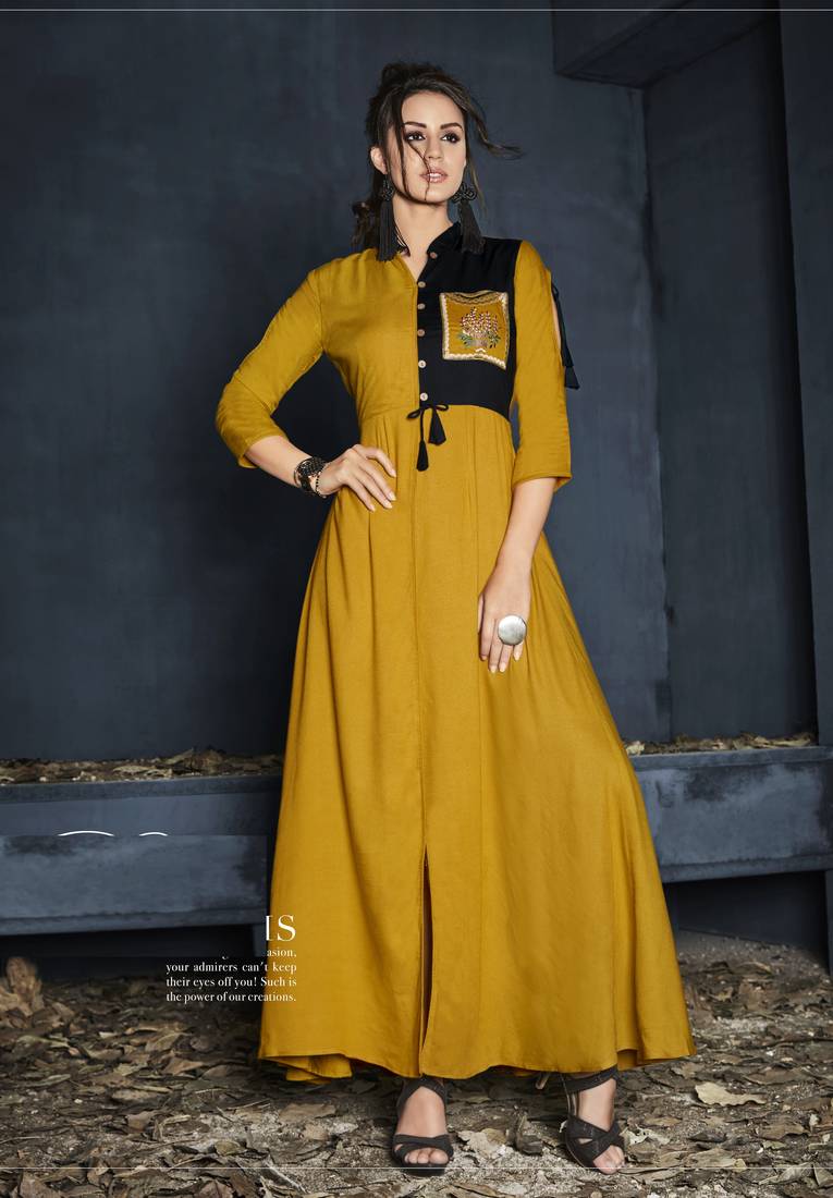 Mustard Resham embroidered printed party wear kurti for women