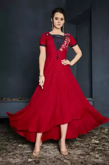 Red Resham embroidered printed party wear kurti for women