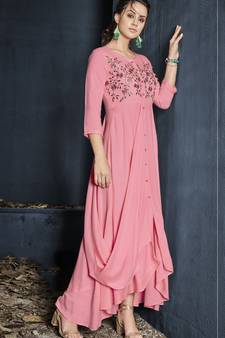 Pink Resham embroidered printed party wear kurti for women