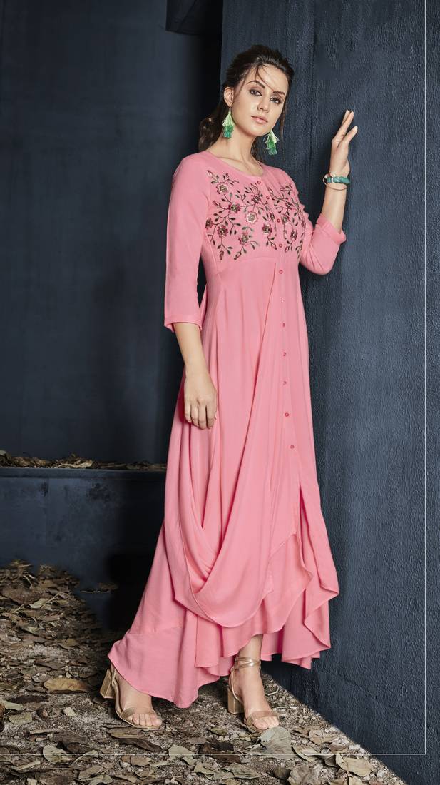 Pink Resham embroidered printed party wear kurti for women