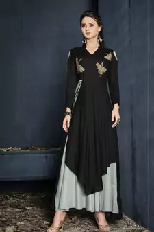 Black Resham embroidered printed party wear kurti for women