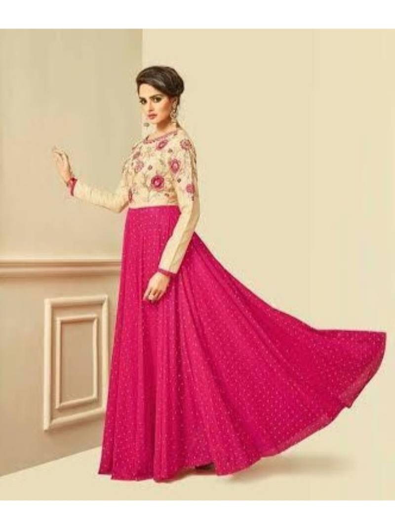 Pink Resham embroidered printed party wear kurti for women