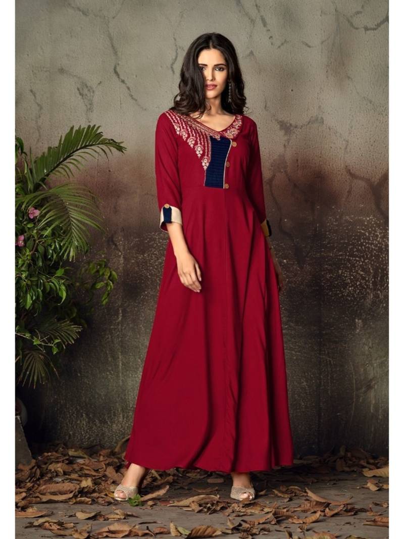 Red Resham embroidered printed party wear kurti for women