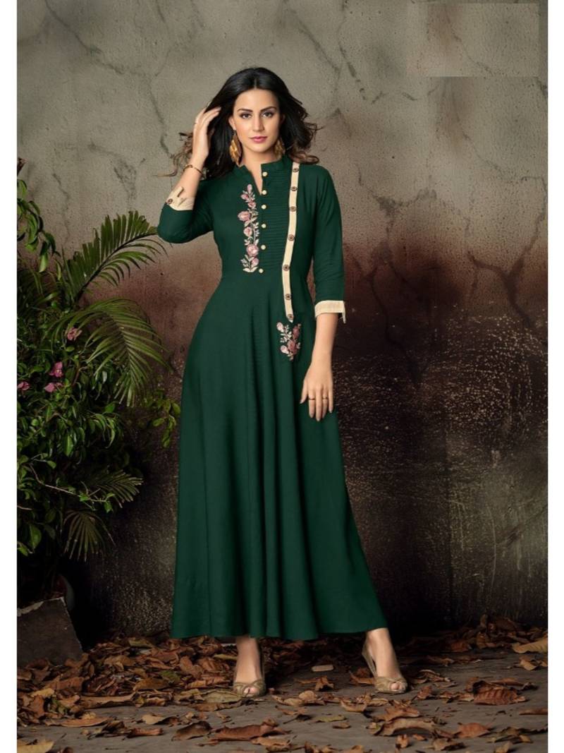 Green Resham embroidered printed party wear kurti for women