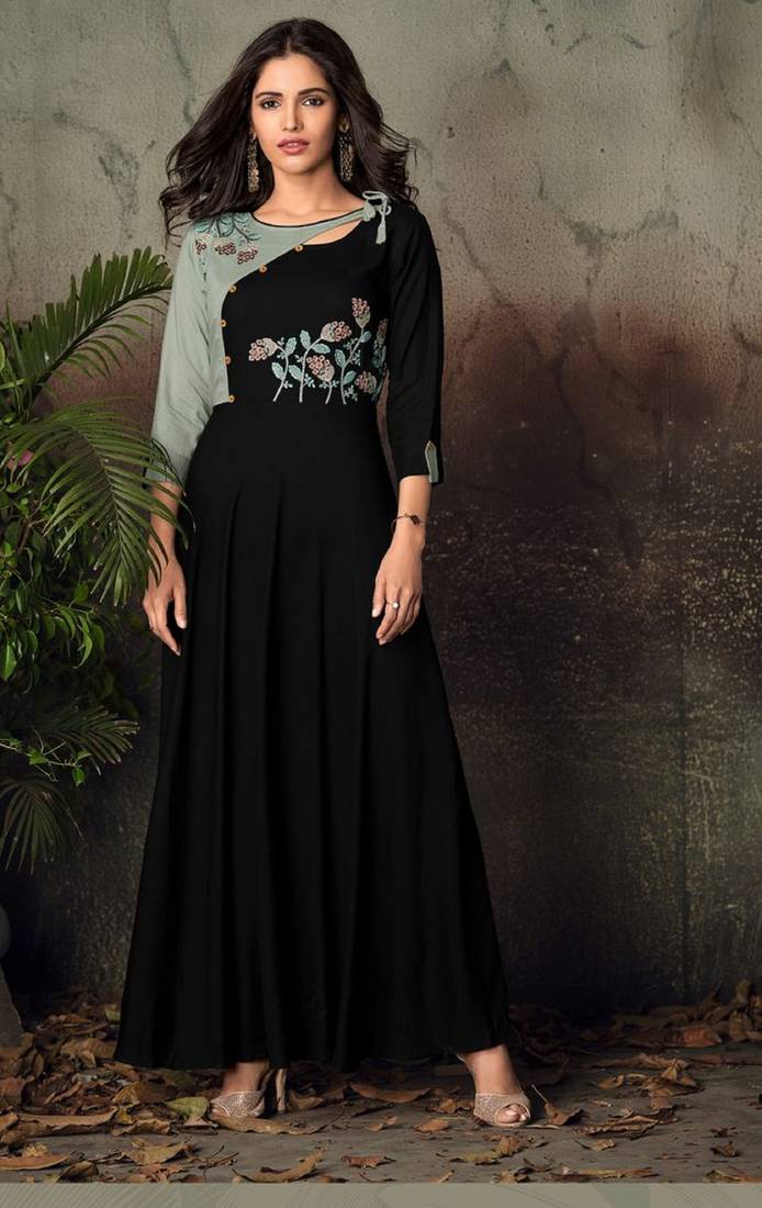 Black Resham embroidered printed party wear kurti for women