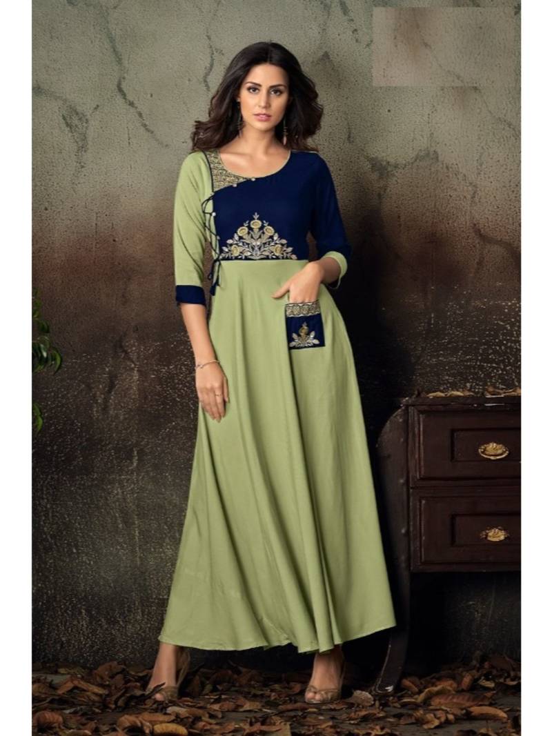 Green Resham embroidered printed party wear kurti for women