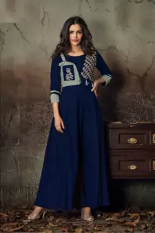 Blue Resham embroidered printed party wear kurti for women