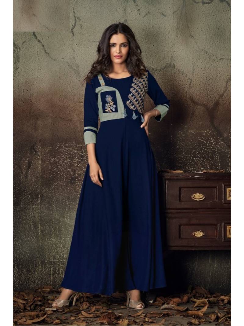 Blue Resham embroidered printed party wear kurti for women