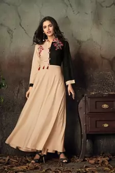Peach Resham embroidered printed party wear kurti for women
