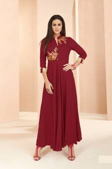 Maroon Resham embroidered printed party wear kurti for women