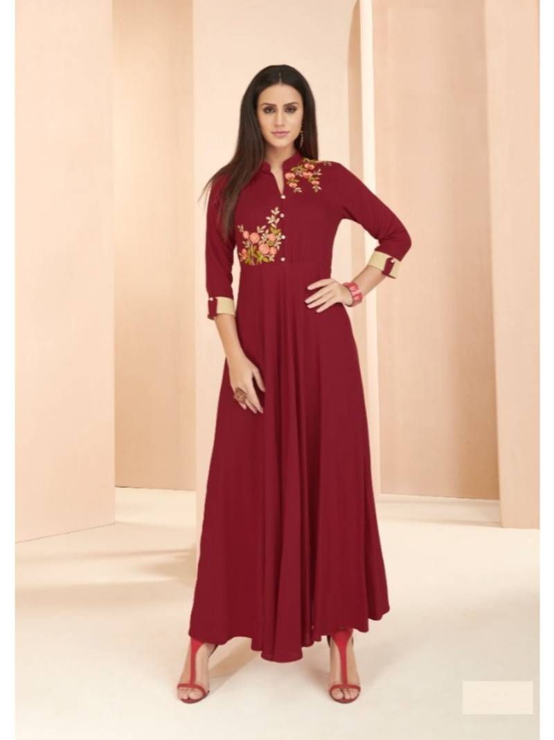 Maroon Resham embroidered printed party wear kurti for women