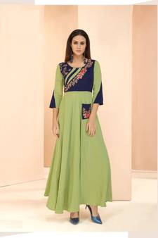 green Resham embroidered printed party wear kurti for women