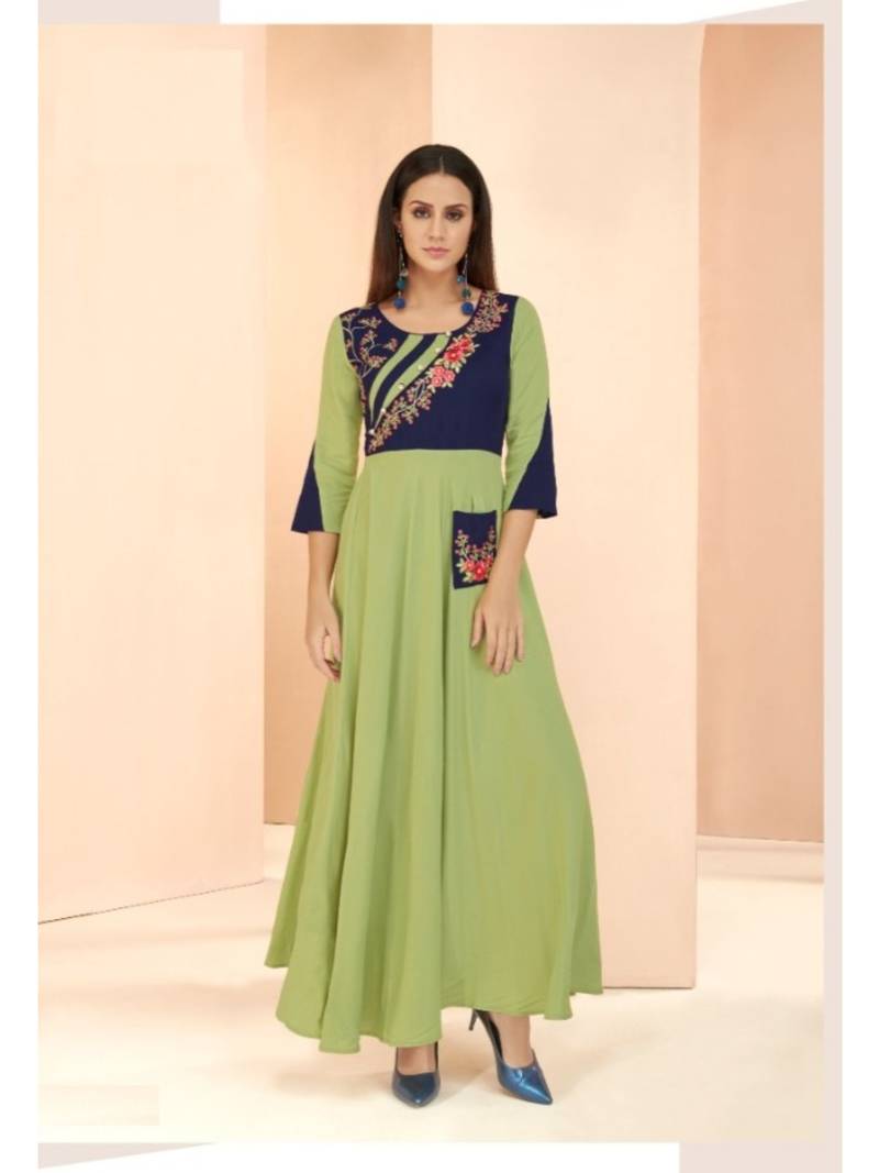 green Resham embroidered printed party wear kurti for women