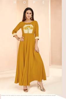yellow Resham embroidered printed party wear kurti for women