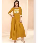 yellow Resham embroidered printed party wear kurti for women