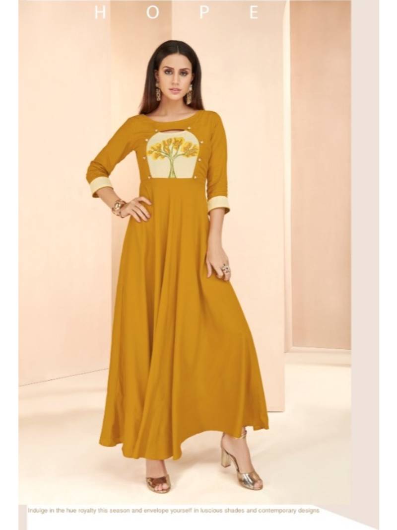 yellow Resham embroidered printed party wear kurti for women