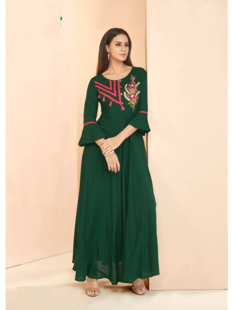 Green Resham embroidered printed party wear kurti for women