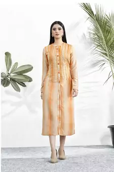 Orange Resham embroidered printed party wear kurti for women