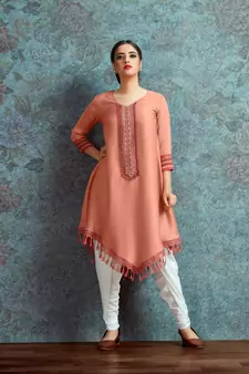 Peach Resham embroidered printed party wear kurti for women