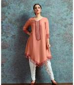 Peach Resham embroidered printed party wear kurti for women