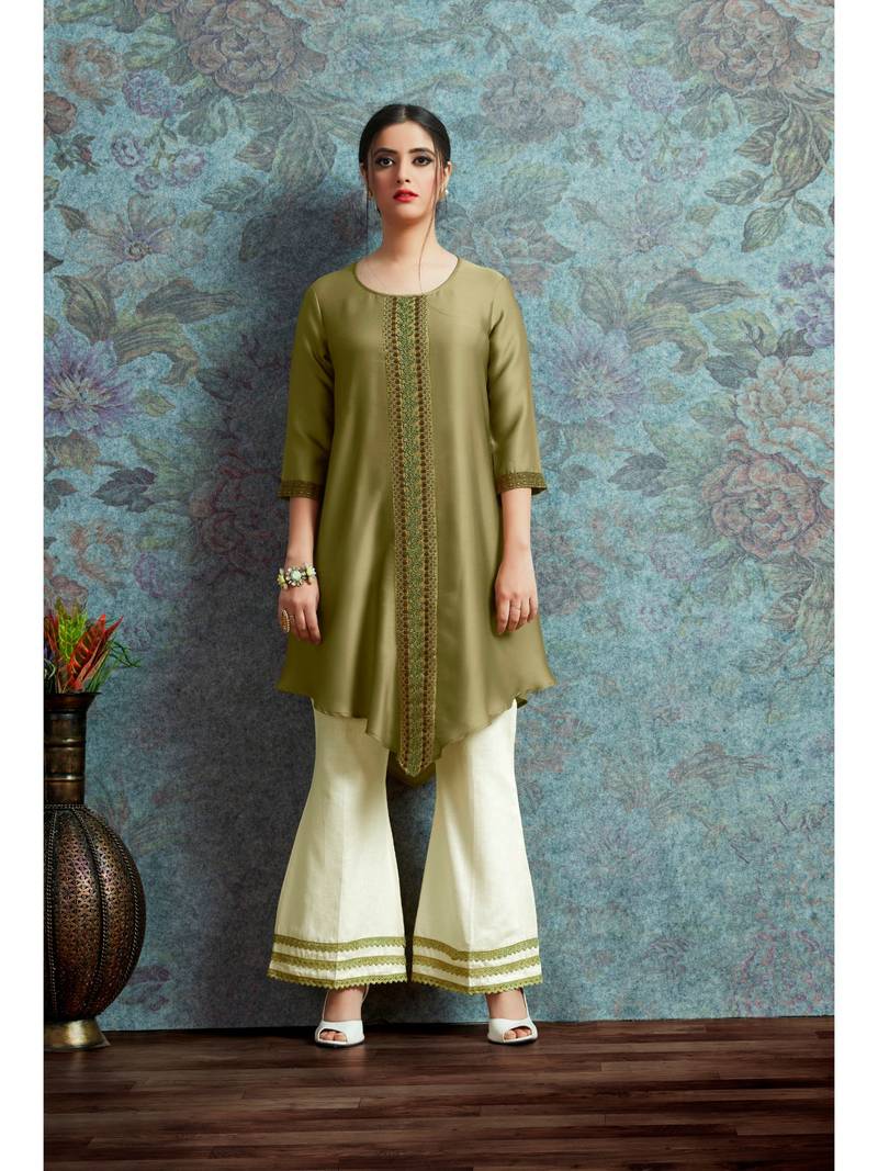 green Resham embroidered printed party wear kurti for women