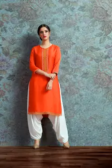 Orange Resham embroidered printed party wear kurti for women