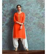 Orange Resham embroidered printed party wear kurti for women