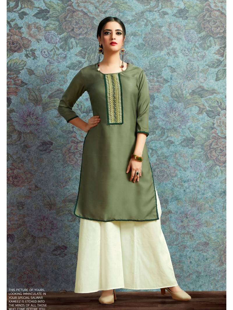 Green Resham embroidered printed party wear kurti for women