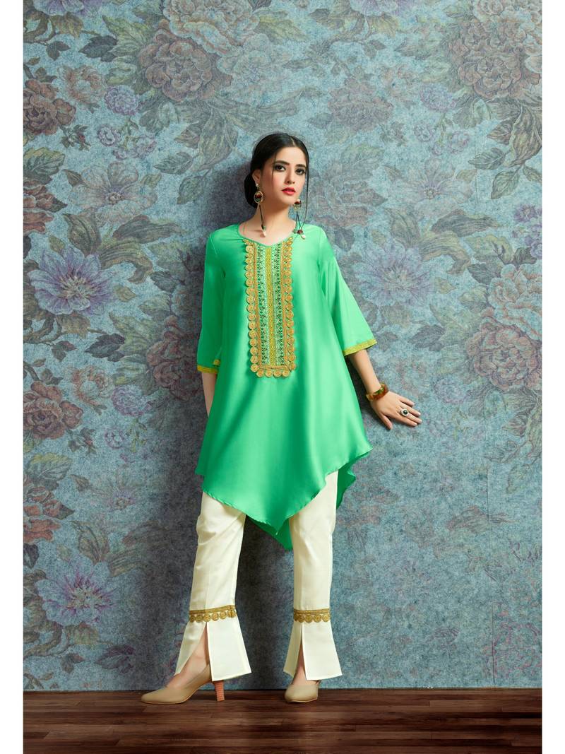 Green Resham embroidered printed party wear kurti for women