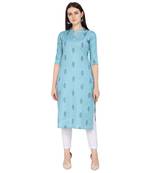Turquoise printed cotton kurtas-and-kurtis