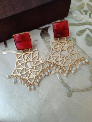 Geometric Gold Plated Red Stone Earrings 1