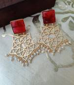 Geometric Gold Plated Red Stone Earrings