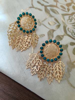 Leafy Gold Plated Torquoise Earrings 1