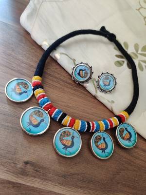 Women Silver plated photo frame PeacockNecklace set 1