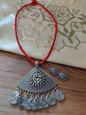 Triangle Red Ganpati Silver Plated String Necklace set 1
