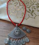 Triangle Red Ganpati Silver Plated String Necklace set
