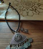 Triangle Black Ganpati Silver Plated String Necklace set