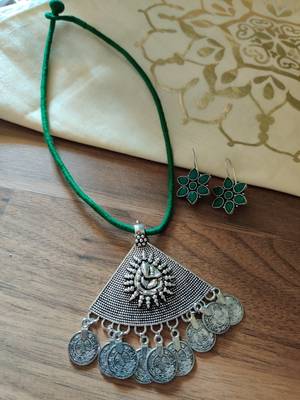 Silver Alloy Metallic Coin Pendant Necklace with Green Thread Cord 1