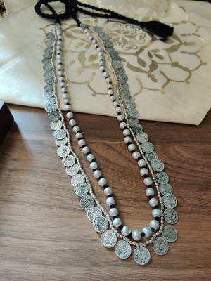 Brass Beaded Coin Necklace in Matte silver 1