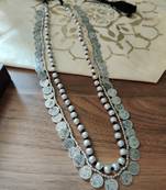 Brass Beaded Coin Necklace in Matte silver