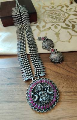 Antique silver Devi Necklace set in Pink kundan women 1
