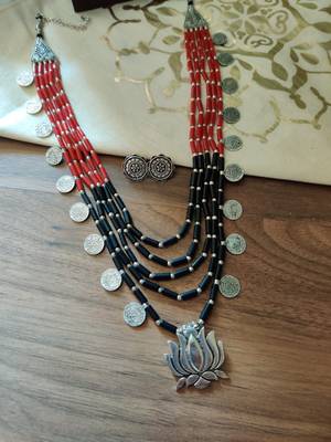 Black and Red Stone Necklace set in lotus pendant 1