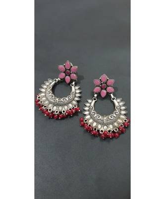 Pink kundan floral dangler with red beads 1