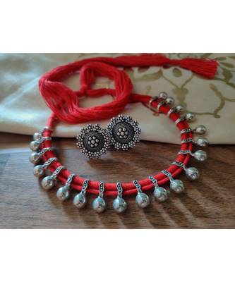 Red String Kolhapuri Necklace set silver plated 1