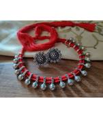 Red String Kolhapuri Necklace set silver plated